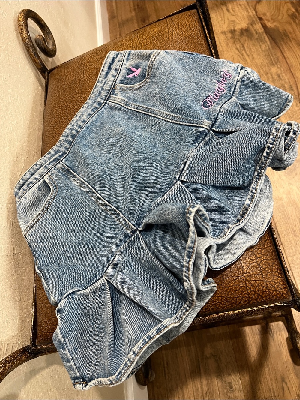 Vintage Playboy Stone washed Blue Denim Jeans Ruffled Skirt with Pink Embroidery